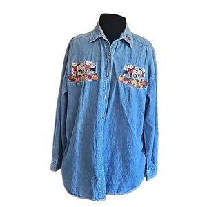 Vintage Let's Quizz again teddy bear embroidered denim jeans button down shirt
